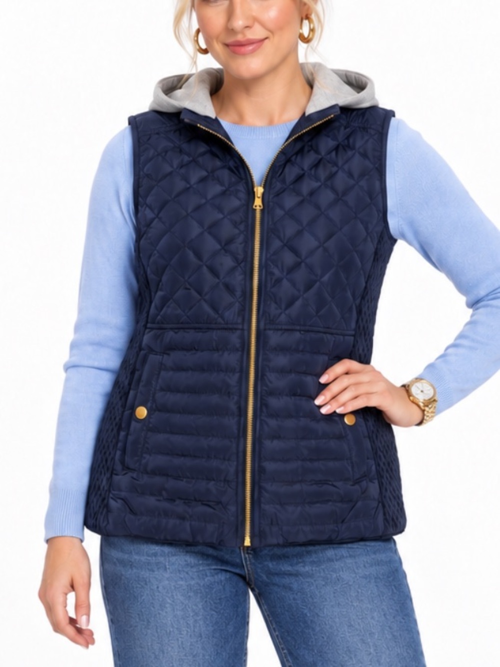Louise Paris Navy Quilted Hooded Faux Fur Lined Gold Zip Vest XL NWT